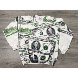 VTG Benjamin Franklin 100 Dollar Bill All over Print Money Sweatshirt Sz L Rare!